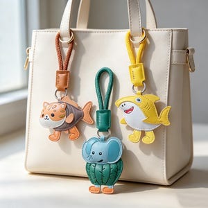 Puede incluir: Un bolso de color crema con tres colgantes. Los colgantes incluyen un híbrido de gato y pez en marrón y naranja, un híbrido de elefante y cactus en verde y un tiburón amarillo, cada uno unido a una cuerda de color a juego y un anillo.