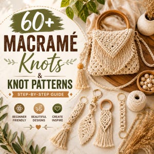 Peut inclure: Un guide de macramé intitulé 60+ MACRAMÉ Knots & KNOT PATTERNS STEP-BY-STEP GUIDE présentant un sac à main en macramé crème avec des anses en bois, plusieurs petits porte-clés en macramé, une bobine de corde et un bol de perles en bois.