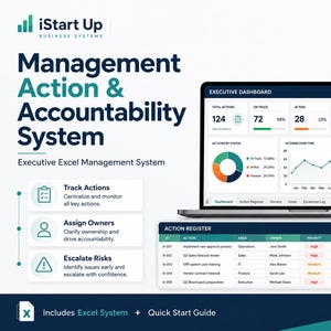 May include: A digital management system titled Management Action & Accountability System by iStart Up. The display shows an executive dashboard with data charts, an action register table, and three feature icons for tracking, assigning, and escalating.