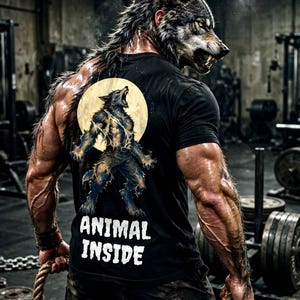 Könnte beinhalten: Ein schwarzes T-Shirt mit einem Grafikdruck eines heulenden Werwolfs vor einem Vollmond, wobei der Text "ANIMAL INSIDE" in Weiß unter der Grafik gedruckt ist. Das T-Shirt hat kurze Ärmel und einen Rundhalsausschnitt mit detailliertem Motiv.