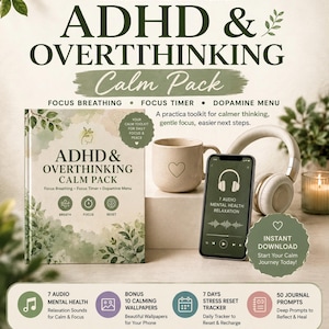 Paquete de relajación para el TDAH y el exceso de pensamiento / Cuaderno de ejercicios de respiración para la concentración / Planificador de TDAH / Menú de dopamina / Temporizador de concentración / Diario de salud mental (descarga digital)