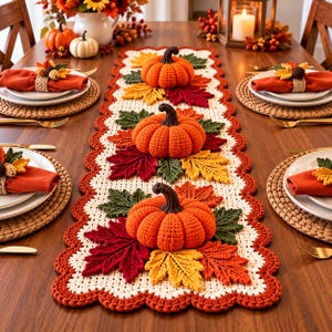 May include: A rectangular crochet table runner featuring a cream-colored center with a scalloped rust-orange border. The runner is decorated with three crocheted orange pumpkins and various crocheted autumn leaves in red, yellow, and green.