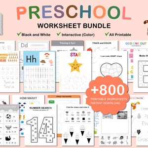 May include: A preschool worksheet bundle featuring over 800 printable pages with educational activities including letter tracing, number counting, shape identification, and coloring tasks, displayed with a cartoon tiger and colorful text.