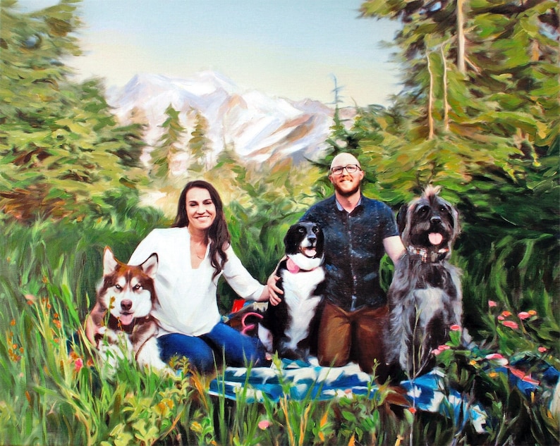 custom family portrait oil painting of a couple with pets and a nature background