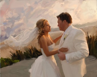 Puede incluir: Una pintura de una novia y un novio con atuendos blancos, de pie en una playa con un cielo nublado en el fondo.