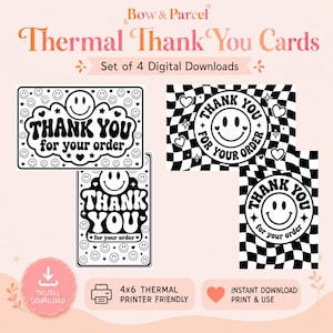 Può includere: Un set di quattro biglietti di ringraziamento termici digitali con disegni in bianco e nero di faccine sorridenti, motivi a scacchiera e cuori. Il testo recita Bow & Parcel, Thermal Thank You Cards, Set of 4 Digital Downloads, 4x6 Thermal Printer Friendly, Instant Download Print & Use.