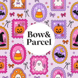 May include: A repeating pattern on a light purple background featuring framed illustrations of ghosts, pumpkins, candy corn, and bats, interspersed with small bows and stars. A large white circle in the center displays the text Bow & Parcel.