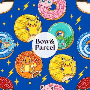 May include: A seamless pattern on a deep blue background featuring various colourful doughnuts decorated with cartoon characters including Pikachu, Squirtle, Bulbasaur, and Jigglypuff, interspersed with yellow lightning bolts and stars, with the text Bow&Parcel.