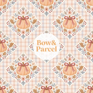 May include: A repeating pattern featuring light orange pumpkins adorned with dark pink bows, surrounded by floral and oak leaf motifs on a light peach and white gingham background. A central white diamond shape displays the text Bow & Parcel.
