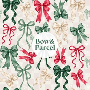 May include: A repeating pattern of illustrated bows in red, dark green, and cream colors on a light checkered background with small white snowflakes. A central white circular emblem features the text Bow & Parcel in dark green.