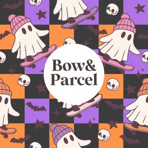 May include: A repeating pattern featuring white ghosts wearing pink or purple beanies while riding skateboards, interspersed with skulls, bats, and stars on a checkered orange, purple, and black background. A white circle displays the text Bow&Parcel.