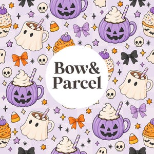May include: A repeating pattern featuring purple jack-o'-lantern mugs with whipped cream, ghost-shaped mugs with hot cocoa, cupcakes, skulls, candy corn, and bows on a light purple background. A central white circle displays the text Bow & Parcel.