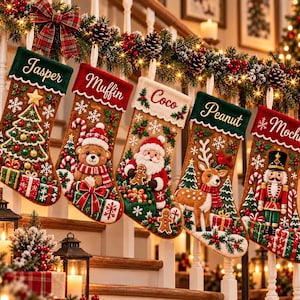 May include: Five personalized Christmas stockings hanging in a row. Each stocking features a unique embroidered name: Jasper, Muffin, Coco, Peanut, and Mochi. The designs include a Christmas tree, a teddy bear, Santa Claus, a deer, and a nutcracker.
