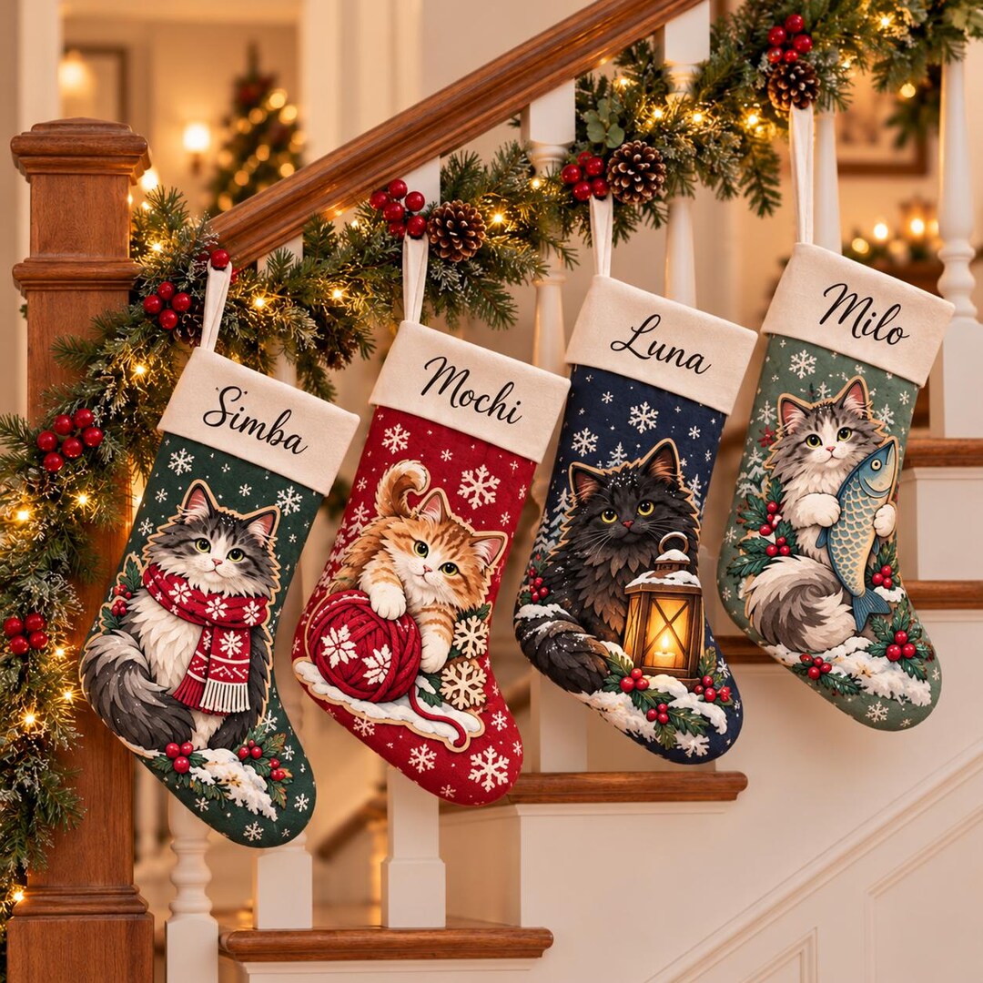 Personalized Cat Christmas Stocking, Vintage Kitty Holiday Decor ...