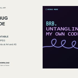 Grappige muurdecoratie voor het debuggen, printbaar: BRB (even mijn eigen code ontwarren), A3-ontwikkelaarsposter