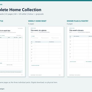 Puede incluir: Una colección digital de planificadores domésticos imprimibles titulada Complete Home Collection, que incluye tres paquetes: Move & Settle, Weekly Home Reset y Dinner Plan & Pantry. Los documentos contienen tablas para el seguimiento de cajas, tareas semanales y planificación de comidas.