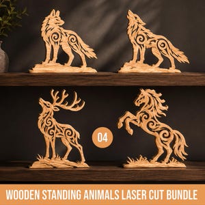 May include: Four laser-cut wooden animal figurines featuring a fox, a wolf, a deer, and a horse, each with intricate swirl patterns. The light brown wood sculptures are displayed on two shelves, with a circular orange icon displaying the number 04.