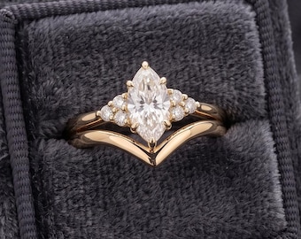 Marquise Moissanite Bridal Ring Set, Rose Gold Engagement Ring, Chevron Wedding Band, Vintage Wedding Ring Set, April Birthstone