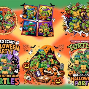 Puede incluir: Una colección de ilustraciones gráficas de las Tortugas Ninja con temática de Halloween, mostrando a los personajes con calabazas, pizza, fantasmas, murciélagos y casas encantadas. El texto incluye "Not So Scary Halloween Party".