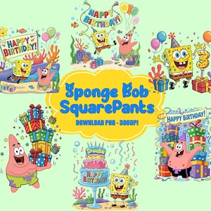 Puede incluir: Una colección digital de ilustraciones de cumpleaños de Bob Esponja con Bob Esponja y Patricio Estrella, regalos, globos y pasteles. El texto amarillo central dice Sponge Bob SquarePants DOWNLOAD PNG - 300DPI.