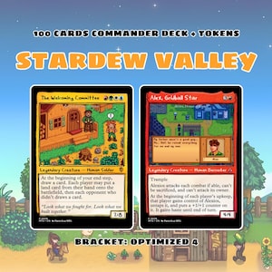 May include: A 100-card Commander deck and tokens set themed around Stardew Valley. The image displays two game cards: The Welcoming Committee, a yellow legendary creature card, and Alex, Gridball Star, a red legendary creature card.