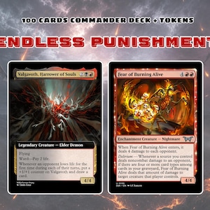 May include: A 100-card Commander deck titled Endless Punishment featuring two Magic: The Gathering cards. The left card is Valgavoth, Harrower of Souls, and the right card is Fear of Burning Alive, both displaying detailed fantasy artwork and text.