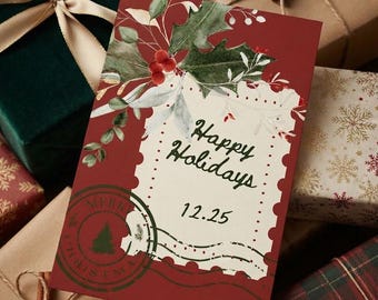 Digital Christmas Gift Tag - Retro Postage Stamp Theme (2.5x4 vertical)