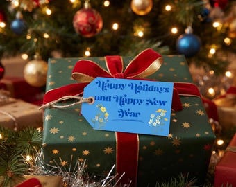 Happy Holidays Digital Gift Tag - Blue Wildflower Botanical (2.5x4in horizontal)