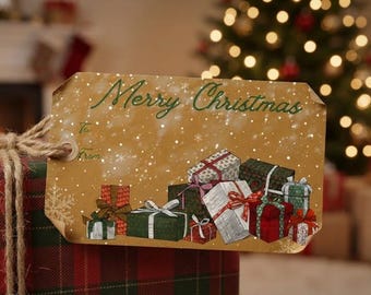 Digital Vintage Christmas Gift Tag - Gold Snowfall with Presents (4x2.5in horizontal)
