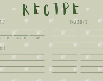 Sage Green Floral Digital Recipe Card (4x6 horizontal, double sided)