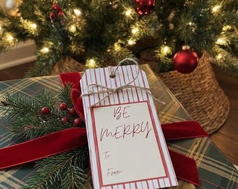 Digital Red Striped Holiday Gift Tag – Watercolor Candy Cane Stripes (2.5x4in)