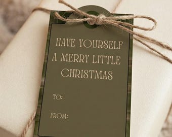 Retro Christmas Gift Tag - Green plaid design (2.5x4in vertical digital)