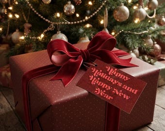 Digital Vintage-Inspired Holiday Tag – Retro Typography, Festive Colors (2.5x4in, Horizontal)