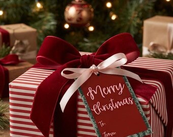Vintage Digital Christmas Gift Tag - Green Damask with Crimson Script (2.5x4in vertical)