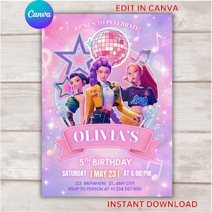 Puede incluir: Una plantilla de invitación de cumpleaños digital con tres personajes animados, una bola de discoteca y estrellas sobre un fondo degradado rosa y morado. El texto incluye JOIN US TO CELEBRATE, OLIVIA'S 5TH BIRTHDAY, MAY 23, 6:00 PM y datos de dirección.