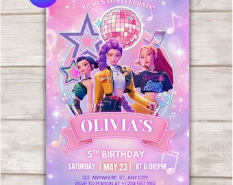 Kpop Demon Hunters 誕生日招待状、編集可能なCanva Kpop パーティー招待状、Huntrix Kids 誕生日招待状、デジタルダウンロード