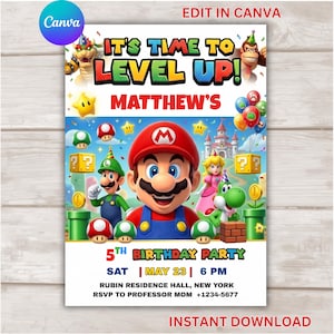 Op de afbeelding: Een uitnodiging voor een verjaardagsfeest met Mario, Luigi, Princess Peach, Yoshi, Bowser en Donkey Kong. De tekst luidt IT'S TIME TO LEVEL UP! MATTHEW'S 5TH BIRTHDAY PARTY SAT | MAY 23 | 6 PM RUBIN RESIDENCE HALL, NEW YORK RSVP TO PROFESSOR MOM +1234-5677.
