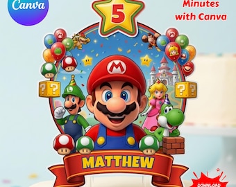 Super Mario Cake Topper, Personalized Video Game Party Decor, Custom Mario Birthday Cake Decoration, Printable Cake Decor Digital Download