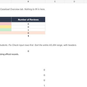 May include: A digital spreadsheet titled IEP Caseload - Plus featuring a summary table with status categories including Overdue, Urgent, On Track, and Check input, alongside numerical review counts and sections for meeting preparation and follow-up tasks.