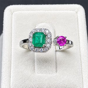 925 Sterling Silver Emerald Ruby Moissanite Ring, Two-Stone Statement Jewellery Ring Size Adjustable