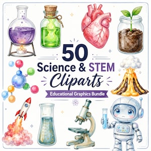 Puede incluir: Una colección digital titulada 50 Science & STEM Cliparts Educational Graphics Bundle con ilustraciones en acuarela de un vaso de precipitados, corazón, planta, molécula, volcán, cohete, microscopio y un pequeño robot con un tubo de ensayo.