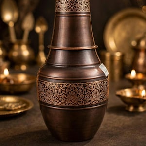 Peut inclure: Un vase en métal de couleur cuivre foncé avec un col effilé et un corps arrondi. Le vase présente des motifs complexes de volutes florales gravées autour du col et de la section médiane. Une petite étiquette rectangulaire blanche est visible.