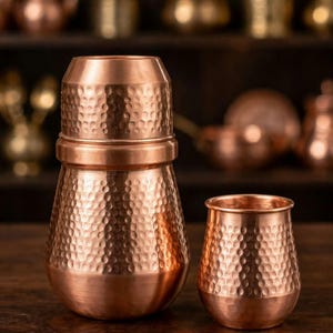 Puede incluir: Un recipiente de agua de cobre martillado con una taza a juego en la parte superior, con una base redondeada y un cuello cónico. El texto Kishan Lal Ramchandra Brass Merchant aparece en la parte superior de la imagen en una fuente dorada.