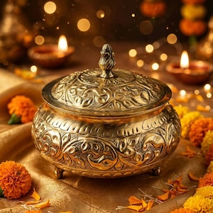 Puede incluir: Un recipiente redondo de latón con tapa, que presenta intrincados patrones florales y de hojas en relieve. El recipiente tiene un pequeño remate decorativo en la parte superior y descansa sobre patas cortas. El texto KISHAN LAL RAMCHANDRA Brass Merchant Since... es visible.