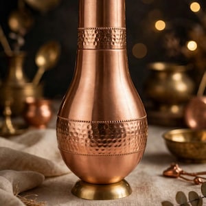 Könnte beinhalten: Ein kupferfarbenes Metallgefäß mit bauchigem Körper und zylindrischem Hals, das eine gehämmerte Textur und perlenartige Verzierungen um den Mittelteil und den Hals aufweist. Das Gefäß steht auf einem kreisförmigen messingfarbenen Sockel. Text: Kishan Lal Ramchandra Brass Merchant.