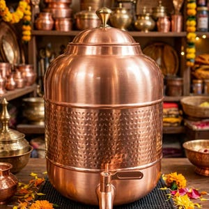 May include: A large, cylindrical copper water dispenser featuring a hammered texture on the middle section, a smooth domed lid with a small brass knob, and a functional metal spigot at the base. The vessel has a polished finish and metallic sheen.
