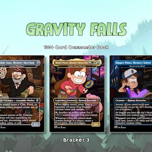 May include: A Gravity Falls 100+ Card Commander Deck featuring three custom trading cards. The cards display Grunkle Stan, Mystery Merchan, Mabel Pines, Mystery Detective, and Dipper Pines, Mystery Solver, each with detailed character art and text.