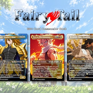 May include: A Fairy Tail 100+ Card Commander Deck featuring three trading cards. The cards display anime-style illustrations of characters named Boromir, Eowyn, and Mondrak, each with detailed game text, mana costs, and power/toughness stats.