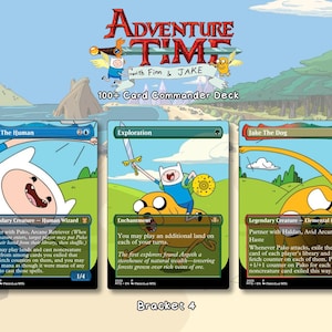May include: A 100+ card Adventure Time with Finn & Jake Commander deck set featuring three illustrated game cards. The cards display Finn the Human, Exploration, and Jake the Dog with colorful cartoon graphics, game text, and mana symbols.