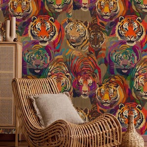 May include: A rattan chair with a light beige cushion sits in front of a wall covered in wallpaper featuring a repeating pattern of tigers in vibrant shades of orange, red, purple, and green. A woven vase stands on the floor next to the chair.